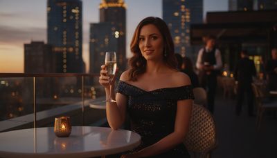 Selbstbewusste Frau genießt Abend an Rooftop-Bar mit Champagnerglas vor Skyline